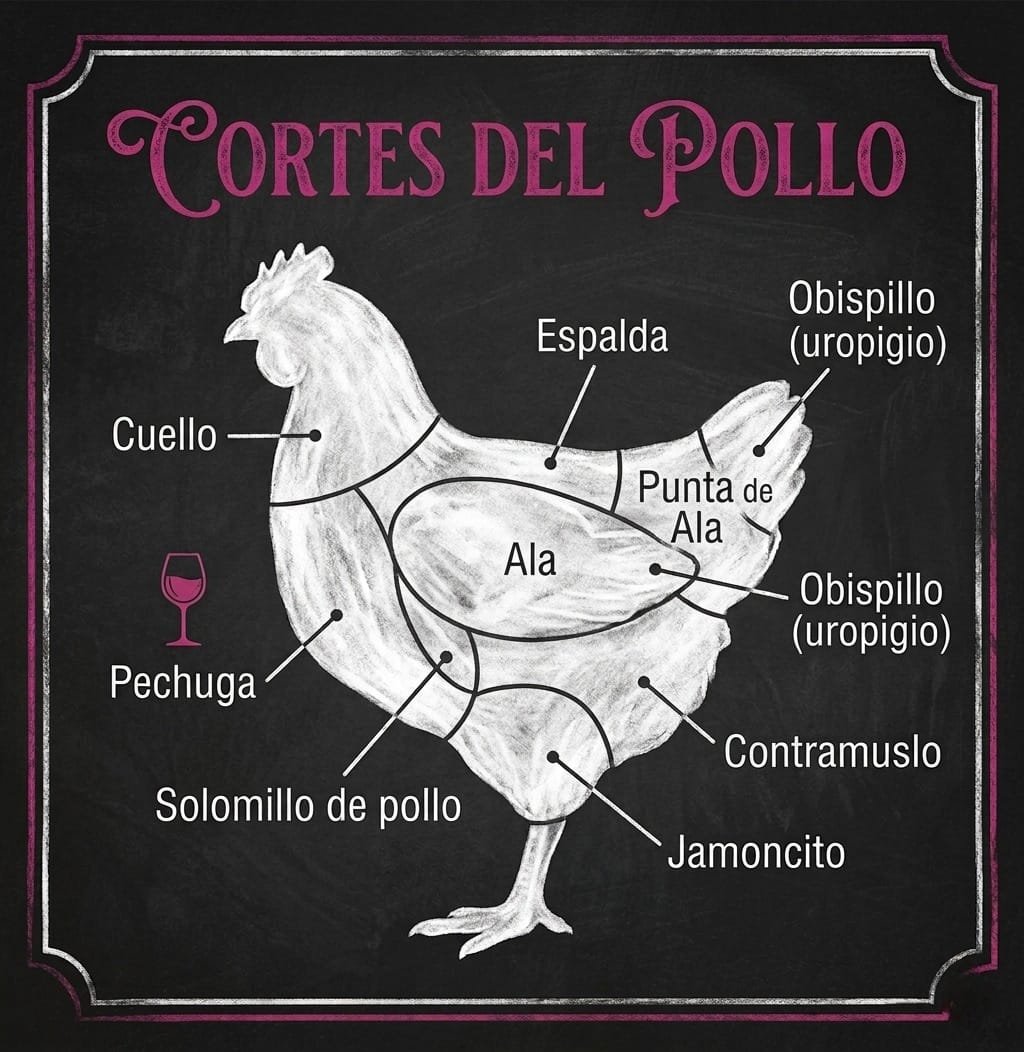 Diagrama de cortes de pollo: cuello, pechuga, espalda, ala, punta de ala, obispillo, contramuslo, solomillo de pollo y jamoncito